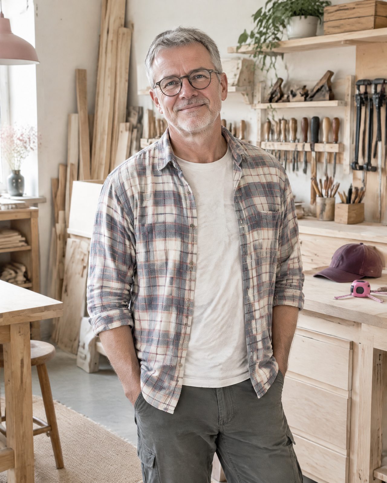 A carpenter in his fifties in front of his tidy workshop
